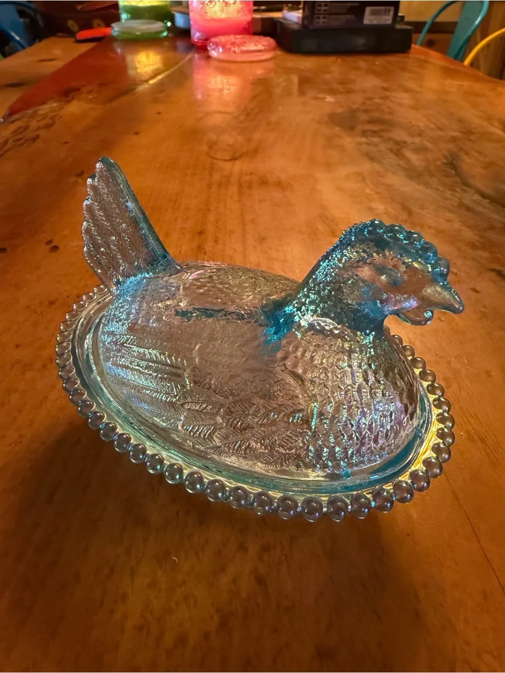 Iridescent Blue  Hen on Nest supposed to roses closet not marked perfect cond